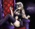  1girl artist_name black_legwear blonde_hair breasts chain cleavage dated fate/grand_order fate/stay_night fate_(series) hawaichung jeanne_alter looking_at_viewer navel navel_cutout ruler_(fate/apocrypha) smile solo thigh-highs thighs throne yellow_eyes 