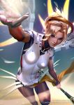  1girl banned_artist blonde_hair blue_background blue_eyes bodysuit breasts brown_legwear chromatic_aberration cowboy_shot emblem foreshortening gloves glowing glowing_wings gradient gradient_background high_ponytail holding holding_staff lips long_hair looking_at_viewer mechanical_halo mechanical_wings medium_breasts mercy_(overwatch) nose outstretched_hand overwatch pantyhose parted_lips pelvic_curtain ponytail realistic solo staff swiss_flag watermark web_address wings yellow_background yellow_wings zumi_(zumidraws) 