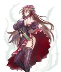  1girl :d bare_shoulders black_legwear breasts brown_hair capelet cowboy_shot dress dress_lift flower from_side garter_straps granblue_fantasy hair_between_eyes hair_flower hair_ornament jonylaser knife large_breasts lifted_by_self long_hair long_sleeves looking_at_viewer looking_to_the_side midriff open_mouth purple_rose rose rosetta_(granblue_fantasy) sheath sheathed smile solo thigh-highs very_long_hair violet_eyes 