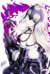  1girl ahoge alexwithoutwing armor back blonde_hair chains dated elbow_gloves fate_(series) from_above from_behind fur-trimmed_gloves fur_trim gloves hair_between_eyes headphones highres jeanne_alter looking_at_viewer looking_back pale_skin ruler_(fate/apocrypha) short_hair solo sword thigh-highs weapon white_background yellow_eyes 