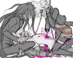  3boys arched_back bandages blood blood_on_face chain closed_eyes covered_mouth cuts dangan_ronpa dual_persona formal hands_on_another&#039;s_face impaled injury kamukura_izuru komaeda_nagito long_hair looking_at_another messy_hair multiple_boys necktie off_shoulder pink_blood red_eyes ripped_jeans rope servant_(dangan_ronpa) sexually_suggestive spoilers spot_color straddling suit super_dangan_ronpa_2 very_long_hair white_background yndr4hope 