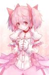  1girl bubble_skirt choker gloves hair_ribbon hands_together highres hoshibuchi kaname_madoka magical_girl mahou_shoujo_madoka_magica pink_eyes pink_hair ribbon short_twintails skirt smile solo twintails two_side_up white_gloves 