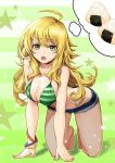  ahoge all_fours antenna_hair blonde_hair breasts cleavage food goomrrat green_eyes hoshii_miki idolmaster large_breasts long_hair looking_at_viewer nail_polish open_mouth 