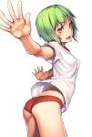  1girl ass back blush breasts brown_eyes buruma commentary_request from_behind green_hair gym_uniform h_kasei hands looking_at_viewer looking_back open_mouth original outstretched_arms shirt short_hair short_sleeves small_breasts smile solo spread_arms 