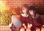  2girls bench black_hair brick_wall brown_eyes brown_hair closed_eyes head_on_another&#039;s_shoulder hibike!_euphonium holding_hands kousaka_reina long_hair multiple_girls oumae_kumiko park_bench plant school_uniform serafuku short_hair sitting sleeping tabata_mihira yuri 