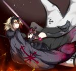  1girl absurdres armor blonde_hair cape fate/grand_order fate/stay_night fate_(series) fire fur-trimmed_cape highres jeanne_alter nagatsuki_take ruler_(fate/apocrypha) short_hair smirk solo sword thigh-highs thighs weapon 