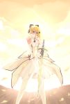 ahoge bare_shoulders blonde_hair caliburn detached_sleeves dress fate/grand_order fate/stay_night fate_(series) green_eyes highres mao_mao_wansui saber saber_lily sword thigh-highs type-moon weapon 