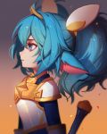  1girl alternate_costume alternate_hairstyle blue_eyes blue_gloves blue_hair breastplate fang from_side gloves greaves highres league_of_legends long_hair magical_girl poppy solo songjikyo star star_guardian_poppy tiara twintails weapon 