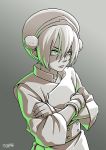  1girl avatar:_the_last_airbender avatar_(series) chinese_clothes crossed_arms gradient gradient_background green_eyes greyscale hair_bun hairband highres monochrome serious shiori_lee_jeng solo spot_color toph_bei_fong upper_body 