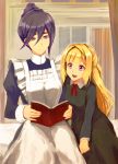  2girls apron black_hair blonde_hair book fumitan_admoss glasses gundam gundam_tekketsu_no_orphans indoors kudelia_aina_bernstein maid maid_apron mozuyun multiple_girls open_book open_mouth reading sitting smile violet_eyes younger 