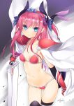 1girl 47agdragon armor bikini bikini_armor black_legwear blue_eyes blush breasts broadsword cape elizabeth_bathory_(brave)_(fate) fate/grand_order fate_(series) hair_ribbon highres holding holding_sword holding_weapon horns long_hair looking_at_viewer navel pauldrons pink_bikini pink_hair pointy_ears ribbon small_breasts solo sweat swimsuit sword tail thigh-highs tiara two_side_up vambraces weapon white_cape