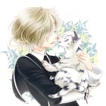  1boy animal black_clothes closed_eyes gokotai gokotai&#039;s_tigers hair_over_one_eye holding_animal light_brown_hair male_focus nuzzle smile solo tiger touken_ranbu white_tiger yukashima 