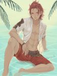  1boy abs arm_support artist_name barefoot belt bracelet granblue_fantasy jewelry male_focus nyanpoco3 open_clothes open_shirt percival_(granblue_fantasy) red_eyes redhead shirt solo water wet wet_clothes wet_hair wet_shirt 