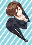  1girl ass blue_eyes breasts brown_hair cleavage foreshortening formal from_above hands_on_own_chest high_heels leaning_forward mutou_riu pantyhose ponytail solo 