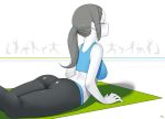  1girl ass closed_eyes grey_hair lying midriff on_stomach pale_skin pants ponytail solo stretch wii_fit wii_fit_trainer yoga_mat yoga_pants 