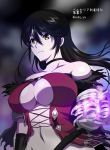  1girl bandaged_arm bare_shoulders black_hair breasts choker closed_mouth collarbone expressionless groin hato_ya large_breasts long_hair midriff navel revealing_clothes solo tales_of_(series) tales_of_berseria torn_clothes twitter_username under_boob upper_body velvet_crowe yellow_eyes 