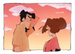  1boy 1girl black_hair blush brown_hair clouds cloudy_sky crayon_shin-chan embarrassed mai nohara_hiroshi nohara_misae pink_shirt polka_dot polka_dot_background shirt sky sunset yellow_shirt 