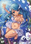  air_bubble ankle_lace-up aoi_wakashi_futaba barefoot bikini blue_eyes blue_hair bracelet breath bubble coral cross-laced_footwear diving freediving frilled_bikini frills highres holding_breath jewelry long_hair ocean original swimming swimsuit underwater 