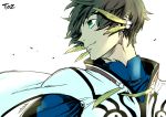  1boy bloom brown_hair copyright_name earrings feathers green_eyes jewelry male_focus saitou_rokuro signature simple_background smile solo sorey_(tales) tales_of_(series) tales_of_zestiria upper_body white_background wind wind_lift 