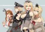  4girls :d aqua_eyes bare_shoulders belt bismarck_(kantai_collection) blonde_hair blue_eyes breasts brown_eyes brown_gloves cleavage crown detached_sleeves gloves hand_on_hip hat headgear hita_(hitapita) iowa_(kantai_collection) jewelry kantai_collection littorio_(kantai_collection) long_hair looking_at_viewer military_hat multiple_girls navel necklace open_mouth smile star star-shaped_pupils symbol-shaped_pupils teeth warspite_(kantai_collection) 