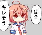  1girl ahoge commentary_request grey_background hair_ornament i-58_(kantai_collection) kantai_collection kill_me_baby necktie o_o parody pink_hair sakurapochi school_uniform serafuku short_hair simple_background solo speech_bubble translation_request upper_body 