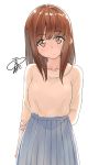  1girl arms_behind_back bangs blouse brown_eyes brown_hair head_tilt highres kyoo-kyon_(kyo-kyon) long_hair long_sleeves looking_at_viewer original pleated_skirt signature simple_background skirt solo standing upper_body white_background 