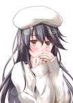  1girl alternate_costume alternate_headwear beret black_hair blush brown_eyes covering_mouth hair_ornament hairband hairclip haruna_(kantai_collection) hat kantai_collection long_hair looking_at_viewer mikage_takashi smile solo sweater upper_body 