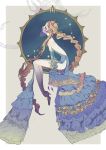  1girl blue_dress braid brown_hair closed_mouth constellation detached_sleeves dress from_side full_body high_heels highres hoshi_rousoku long_hair looking_up original personification profile scorpio sidelocks sleeves_past_wrists solo sparkle veil very_long_hair white_background 