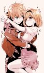  blonde_hair djeeta_(granblue_fantasy) dress feather_(granblue_fantasy) fighter_(granblue_fantasy) gloves granblue_fantasy hairband hug kurimomo short_hair 