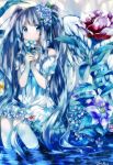  1girl blue_eyes blue_hair flower hair_flower hair_ornament highres long_hair naru_(andante) original smile solo very_long_hair water 