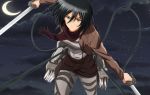  1girl black_eyes black_hair dual_wielding holding holding_sword holding_weapon mikasa_ackerman military military_uniform moon night outdoors red_scarf scarf shingeki_no_kyojin short_hair solo sword three-dimensional_maneuver_gear uniform weapon 