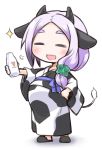  1girl animal_ears big_belly bottle chibi closed_eyes cow_ears cow_girl cow_horns cow_print cow_tail horns japanese_clothes kimono kugelschreiber long_hair milk_bottle original pregnant purple_hair simple_background smile solo tail 