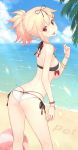  1girl 2016 adam700403 ass back bangs beach bikini black_ribbon blonde_hair blue_sky blush bracelet braid breasts clouds commentary_request dated day flat_ass from_behind hair_flaps hair_ornament hair_ribbon hairclip highres jewelry kantai_collection licking long_hair looking_at_viewer looking_back ocean open_mouth outdoors poi ponytail popsicle red_eyes remodel_(kantai_collection) revision ribbon sand side-tie_bikini single_braid sky small_breasts smile solo strap_gap swimsuit thong thong_bikini tongue tongue_out water white_bikini yuudachi_(kantai_collection) 