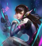  1girl bangs black_hair blue_background bodysuit breasts brown_eyes bubblegum character_name charm_(object) d.va_(overwatch) facepaint facial_mark finger_on_trigger from_side gloves gun handgun headphones high_collar holding holding_gun holding_weapon knees_together leaning_forward long_hair looking_at_viewer looking_to_the_side medium_breasts overwatch paprika_(amz123) pauldrons pilot_suit pistol ribbed_bodysuit shoulder_pads sitting skin_tight solo swept_bangs weapon whisker_markings white_gloves 