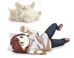  1girl animal_ears breasts brown_hair casual cat_ears commentary fake_animal_ears full_body green_eyes idolmaster idolmaster_cinderella_girls kuwabaa lying maekawa_miku medium_breasts on_back paw_pose shoes short_hair simple_background 