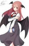  1girl :d black_skirt black_vest blush book breast_hold breasts dated demon_girl demon_wings eeryuu_(2004107) formal head_wings highres holding holding_book koakuma large_breasts long_hair long_sleeves looking_at_viewer necktie open_mouth red_eyes red_necktie redhead shirt signature skirt skirt_suit smile solo suit touhou twitter_username white_background white_shirt wings 