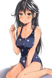  :t black_hair blue_swimsuit blush breasts highres kantai_collection large_breasts long_hair mangadaisuki15 one-piece_swimsuit polka_dot polka_dot_swimsuit sitting swimsuit ushio_(kantai_collection) wariza yellow_eyes 