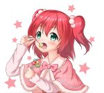  1girl artist_request bow bowtie candy capelet dress eating food green_eyes hair_bobbles hair_ornament holding holding_food kurosawa_ruby lollipop love_live! love_live!_sunshine!! pink_bow pink_bowtie redhead solo star striped_sleeves two_side_up 