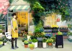  1boy apron brown_eyes brown_hair building chalkboard florist flower full_body holding_pot leaf looking_at_viewer male_focus original scenery seuga shop sign solo watering_can 