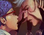 2boys black_sclera blue_hair curly_hair from_side ghiaccio glasses gloves hands_on_another&#039;s_face hat highres jojo_no_kimyou_na_bouken male_focus meron_nouka multiple_boys open_mouth partly_fingerless_gloves red_eyes risotto_nero silver_hair sweatdrop 