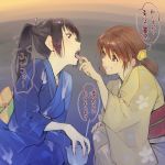  2girls black_hair brown_hair bubuzuke finger_in_mouth hibike!_euphonium japanese_clothes kimono kousaka_reina multiple_girls oumae_kumiko ponytail squatting tongue tongue_out twintails yukata 