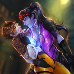  2girls arched_back arm_around_waist bodysuit breasts brown_hair cleavage gloves goggles highres lips long_hair medium_breasts multiple_girls nose overwatch parted_lips pauldrons ponytail purple_hair purple_skin short_hair sne4kies tracer_(overwatch) unzipped widowmaker_(overwatch) yellow_eyes yuri 