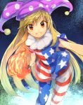  1girl american_flag_dress american_flag_legwear bangs bei_mochi blonde_hair clownpiece commentary_request dress fire grin hat highres holding jester_cap long_hair looking_at_viewer neck_ruff polka_dot red_eyes short_dress short_sleeves sky smile solo standing star star_(sky) star_print starry_sky striped teeth torch touhou very_long_hair 