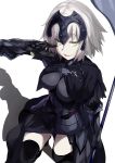  1girl arm_up armor bags_under_eyes breasts chain cleavage fate/grand_order fate_(series) from_above gauntlets grin headpiece highres jeanne_alter looking_at_viewer open_mouth reverse_grip ruler_(fate/apocrypha) shimeji_nameko short_hair silver_hair simple_background skirt smile solo standing sword thigh-highs weapon white_background yellow_eyes 