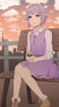  1girl :t bench clouds commentary commentary_request dusk eating hair_ornament hairclip highres idolmaster idolmaster_cinderella_girls koshimizu_sachiko short_hair silver_hair sitting sitting_on_bench sky solo tagme terimayo yellow_eyes 