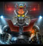  aircraft artist_request canopy cockpit flying hangar labcoat landing looking_at_viewer mazinger_z mazinger_z_(mecha) mecha pilder realistic redesign repairing science_fiction scientist super_robot 