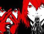 2boys ;) akechi_gorou black_hair close-up gloves hair_between_eyes hands_on_own_face hands_together kurusu_akira limited_palette male_focus multiple_boys one_eye_closed persona persona_5 red_eyes saitou_rokuro signature smile 