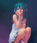  1girl aqua_eyes aqua_hair bare_shoulders chin_rest closed_mouth collarbone digital_media_player dress earphones earphones hair_between_eyes hair_ribbon hatsune_miku holding ipod long_hair multicolored_background reise ribbon sailor_collar sailor_dress simple_background skirt solo squatting twintails vocaloid white_dress white_ribbon 