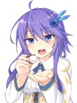  1girl :d abekawa_mochi ahoge anemone_(flower_knight_girl) blue_bow blue_eyes bow chopsticks flower_knight_girl food hair_ornament hairclip highres long_hair open_mouth pov_feeding purple_hair shirt smile solo upper_body white_background white_shirt 