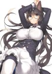  1girl animal_ears arms_up black_hair blue_eyes blush breasts cat_ears cat_tail glasses katou_itsuwa large_breasts long_hair looking_at_viewer original pantyhose semi-rimless_glasses simple_background solo tail under-rim_glasses very_long_hair white_background white_legwear 